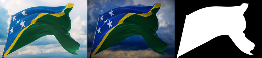 Waving flags of the world - flag of Solomon Islands. Set of 2 flags and alpha matte image. Very high quality mask without unwanted edge. High resolution for professional composition. 3D illustration.