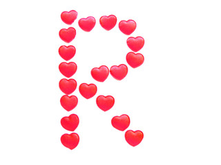 The letter R is made up of small red hearts isolated on a white background. Bright red font.
