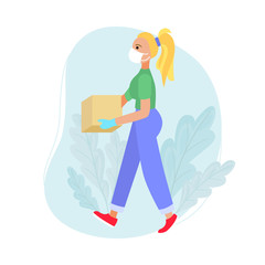 Fototapeta na wymiar A young woman in a mask and gloves carries a parcel. Colorful flat web banner. Stock vector illustration.