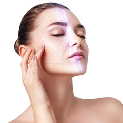 Technological scanning face of young beautiful woman.