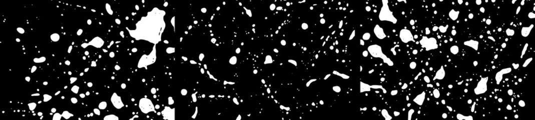 Grunge stains backgrounds set. Ink splatter. Paint splashes detailed backdrop. Liquid stains. Soap foam texture. Paint brush strokes and drops. Abstract vector illustration.