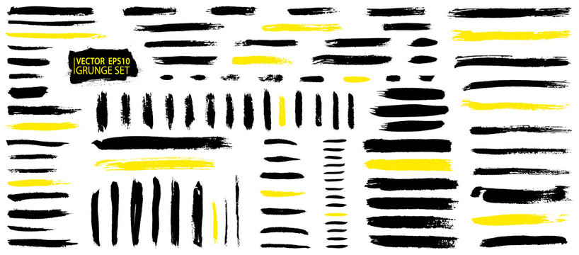 Grunge brushes collection. Black ink strokes. Art brushes ready for use. Splatter. Detailed paint lines. Abstract vector. Scrawl. Scribble.