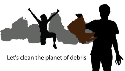 Let's clear the planet of debris. Vector silhouettes of a man holding an old ragged boot in his hand against a background of gray bags filled with household waste. Girl with two hands raised up