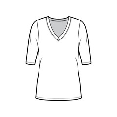 Naklejka premium Deep V-neck jersey sweater technical fashion illustration with elbow sleeves, oversized body, tunic length. Flat shirt apparel template front, white color. Women, men unisex outfit top CAD mockup