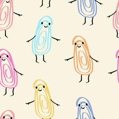 Back to school vector seamless pattern with cute antropomorphic colorful paper clips on pastel yellow background