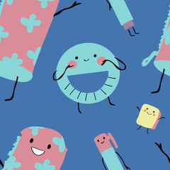 Back to school vector seamless pattern with cute antropomorphic pencil case, protractor, eraser and marker pen on blue background