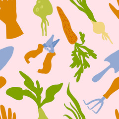 Fresh and cute summer seamless pattern with gardening tools and vegetables on pastel pink background