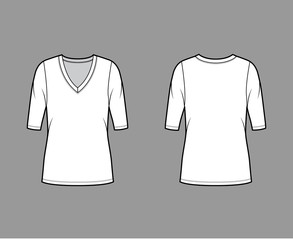Deep V-neck jersey sweater technical fashion illustration with elbow sleeves, oversized body, tunic length. Flat shirt apparel template front, back white color. Women, men unisex outfit top CAD mockup