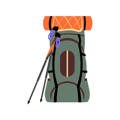 Fototapeta Green travel backpack with orange mat and takking poles for hiking or trekking. Vector illustration. obraz