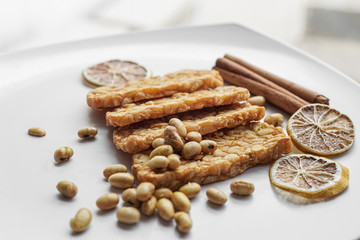 Fried fermented soybean cake or tempeh