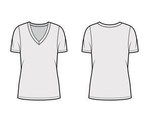 Deep V-neck jersey t-shirt technical fashion illustration with short sleeves, oversized body, tunic length. Flat top apparel template front, back, grey color. Women, men, unisex outfit CAD mockup