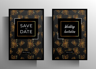 Wedding invitation template set. Gold with black design with a hand-drawn floral pattern. EPS vector 10.