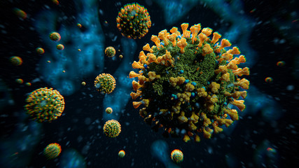 COVID-19 Coronavirus Molecules - Influenza Virus Reaching Second Wave Threat, Awareness, Protection and Prevention Concept - Pandemic Outbreak Cover Photo 3D Rendering
