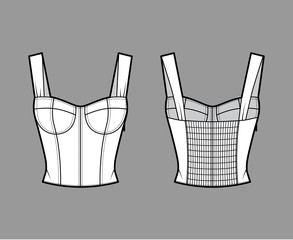 Jewel cropped shirred corset-style smocked top technical fashion illustration with molded cups, close fit, shirred back. Flat apparel template front, back, white color. Women, men, unisex shirt mockup