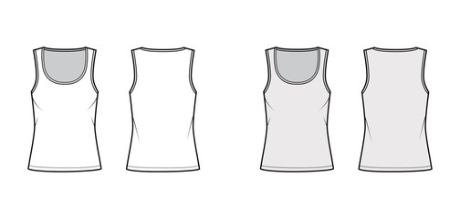 Cotton-jersey tank technical fashion illustration with relaxed fit, wide scoop neckline, sleeveless. Flat outwear cami apparel template front, back white grey color. Women men unisex shirt top mockup