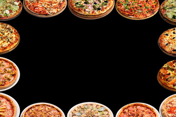 Frame for lettering and design from a set of pizzas isolated on a black background.. Copy space