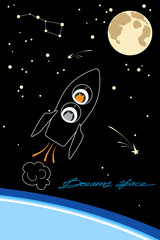 Fototapeta premium Astronaut cat in a rocket fly to the moon. Space, stars, planet Earth. Flat style, doodles.
