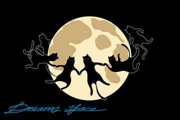 Black cats dancing in a round dance around the big full moon on a black background. Fantasy flat style creative illustration.