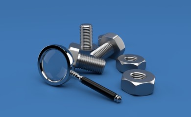 Bolt and nut with magnifying glass