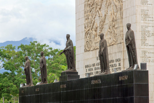 CARACAS, VENEZUELA - JULY 5, 2016: Statues of important Venezuela's independence heroes are seen at the Monumento a Los Proceres. This important monument was built in the it was built in the 1940s.