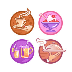 Icons on the theme of the bar, restaurant. Ice cream, cocktail, dish serving, coffee. Vector illustration