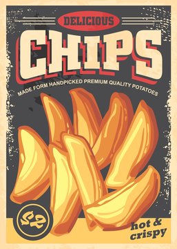 Chips vintage poster image with black background made for restaurants and fast food stores. Sign with big chips and text on the top of the picture. Vector illustration in retro style.