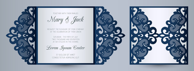 Laser cut wedding invitation gate fold card template. Wedding invitation or greeting card cover with abstract ornament. Suitable for greeting cards, invitations, menus.