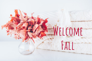 Fallen leaves in a vase with pile of white knitted woolen clothes with Welcome Fall wording. Autumn, fall, beautiful nature , cozy home concept