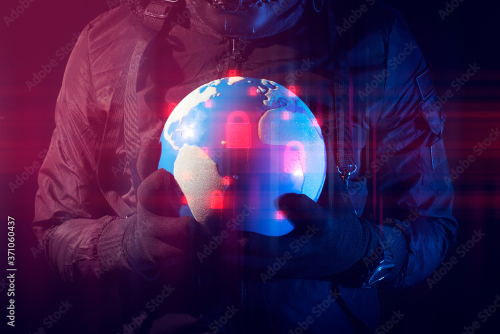 Poster hacker robbery terrorist holding global earth with virus computer attack to server network system on