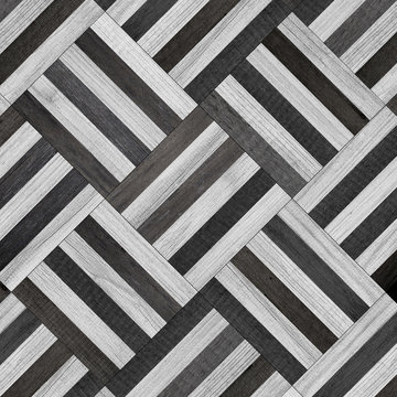 Wood texture background. Old black and white parquet floor with geometric pattern. 