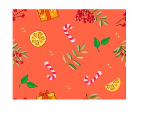 Cheerful bright festive pattern.
Christmas ingredients and gifts on red background.
Vector design.