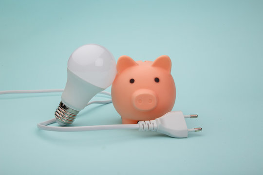 Piggy bank with light bulb and plug on blue background.