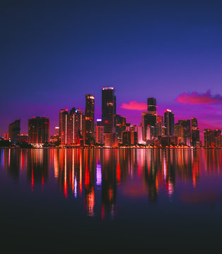 miami florida usa  skyline at night cityscape buildings  reflection Brickell  downtown urban panorama sunrise 