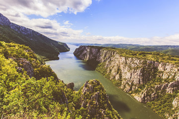 Fototapeta na wymiar Danube river gorge, looking from peak, amazing nature landscape, summer daylight ,eastern Serbia border with Romania, Europe
