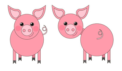 A set of two pink pigs in flat style, one in front, one in the back. Drawing isolated on white background. Stock vector illustration.