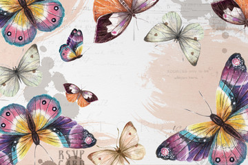 Watercolor background with realistic butterflies, botanical illustration.Watercolor hand drawing butterflies frame. for wedding, postcard, invitation.