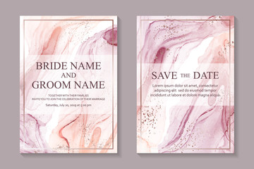 Modern abstract luxury wedding invitation design or card templates for birthday greeting or certificate or cover with pastel pink liquid marble or fluid art and rose gol splashes in alcohol ink style. - obrazy, fototapety, plakaty