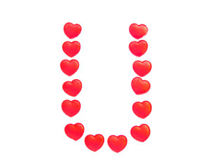 The letter U is made up of small red hearts isolated on a white background. Bright red font.