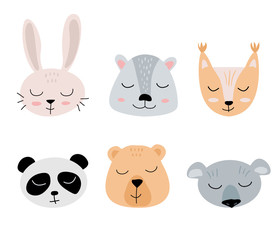 Set of cute cartoon animals. Vector illustration for baby cards, textile, fabric, nursery, paper.