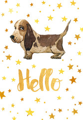 Card with golden stars and watercolor dog basset hound in brown color with dark brown spots, the card on white background.