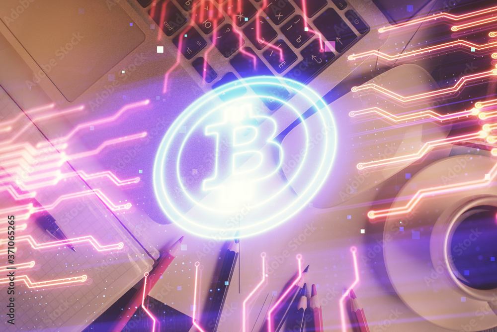 Poster blockchain theme hologram drawings over computer on the desktop background. top view. multi exposure