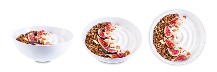 Greek yogurt chocolate nuts oatmeal granola with figs on a white isolated background