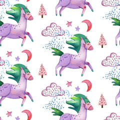 Watercolor hand painting seamless pattern with cute violet unicorns, clouds, raindrops, stars and moon on white background. Magic background with little unicorns.