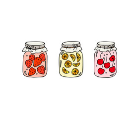 Jars with home canned strawberry, orange, cherry jam. Hand drawn vector illustration.