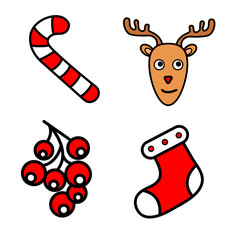 Christmas New Year symbols: pine, gift, candy, deer, bell, toy, lettering, Holly berry, snow man, cane, mitten, bauble. Pattern, graphic