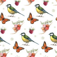 Hand drawing a botanical pattern on white background. Watercolor hand drawing berries, herbs,titmouse, butterflies and raspberry.