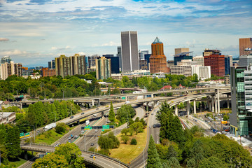 Naklejka na ściany i meble Portland, Oregon; Buildings in Downtown Portland, Oregon, and a large freeway interchange just south of downtown.