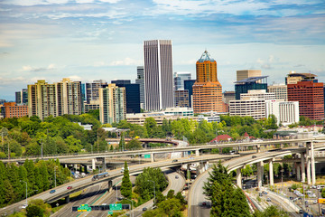 Fototapeta na wymiar Portland, Oregon; Buildings in Downtown Portland, Oregon, and a large freeway interchange just south of downtown.