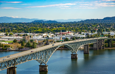 Portland, Oregon;  Ross Island bridge crosses the Willamette River in Downtown Portland