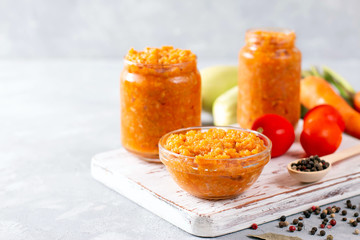 Squash spread, zucchini caviar and ingredients. Selective focus, space for text.